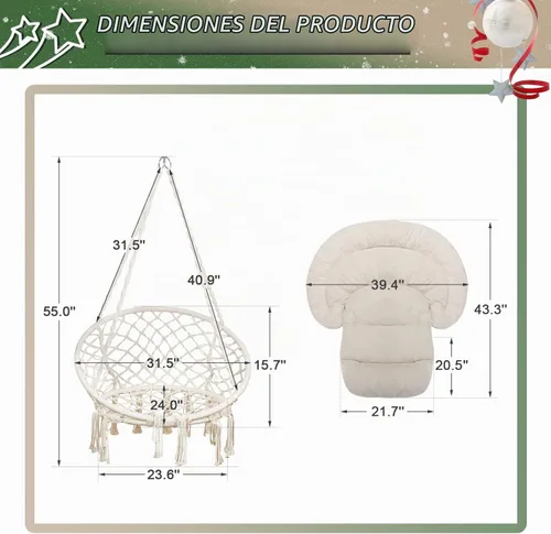 Vista 5 de Silla hamaca con cojín, silla columpio de macramé hecha a mano con kits de accesorios para colgar, estilo bohemio, silla colgante de cuerda de Beige