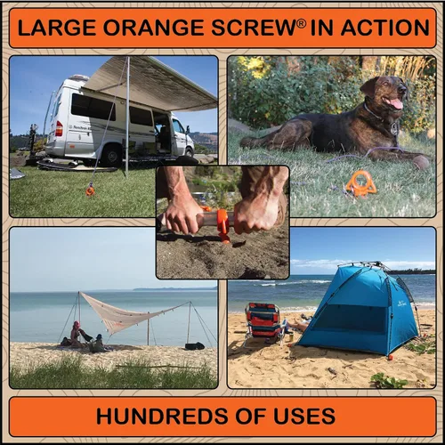 Vista 5 de Orange Screw Anclajes de tierra definitivos: estacas de tienda de campaña atornilladas resistentes para viento fuerte, arena, toldos y campamentos.