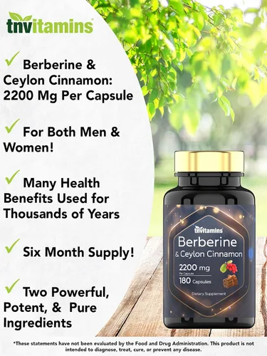 Vista 3 de Berberina con canela de Ceilán: 2200 mg por cápsula - 180 cápsulas Suplemento de berberina natural para la salud cardiovasular y del sistema