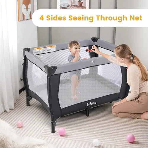 Vista 3 de INFANS 4 en 1 Pack and Play, corralito portátil de viaje para bebé con moisés, cambiador, toldo, mosquitera, juguetes colgantes, caja de música