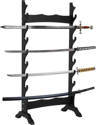 Vista 7 de lukar Soporte de espada de 6 niveles, soporte de exhibición de espadas multicapa, estante de madera para espadas, soporte de piso grande para Katana