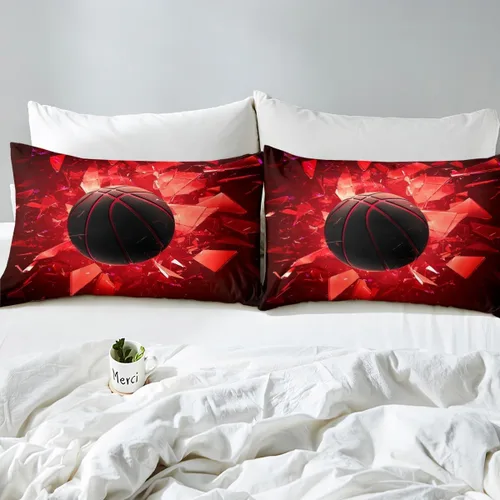 Vista 5 de Erosebridal Juego de funda de edredón de baloncesto, tamaño individual, color negro y rojo, juego de ropa de cama con bola 3D para niños, niños