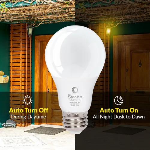 Vista 4 de Simba Lighting LED A19 Dusk to Dawn 6W 120V Outdoor Bulbs E26 2700K, 2 Pack With Photocell Sensor Smart Auto On and Off, 40W Replacement for