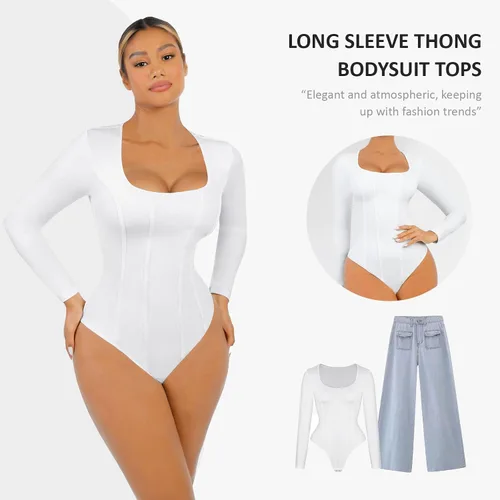 Vista 2 de Long Sleeve Bodysuit for Women Tummy Control Thong Tops Square Neck Body Suit Short Sleeve Going Out Bodysuits