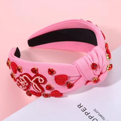 Vista 5 de Diadema de corazón para mujer, diadema anudada para el día de San Valentín, diadema con cuentas de diamantes de imitación, diadema de corazón