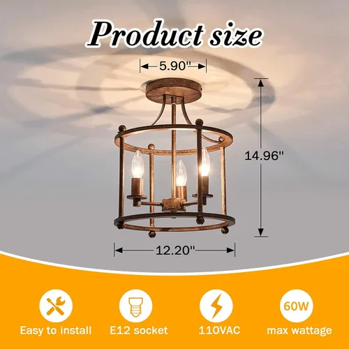 Vista 2 de UOFUS - Lámpara de techo de 3 luces estilo granja vintage, semiempotrada, en bronce rústico metálico, para isla, sala de estar, dormitorio, cocina