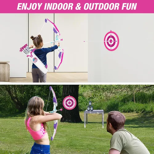 Vista 7 de HYES Arco y flecha para niños, juego de tiro con arco con luz LED con 12 flechas de ventosa, 1 objetivo para colgar, 3 objetivos de puntuación y 1