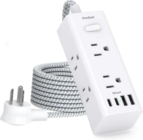 Vista 16 de One Beat Cable de extensión corto de 1 pie, regleta de alimentación de enchufe plano, protector de sobretensiones – 6 salidas amplias con 4 puertos