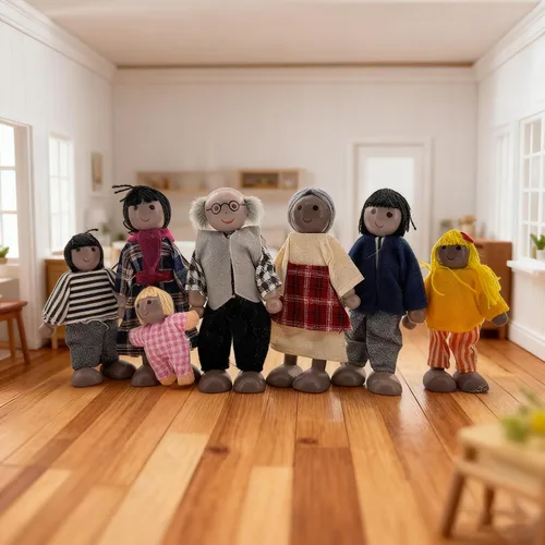 Vista 2 de HYSTYLE Paquete de 7 Figuras de Madera para Casa de Muñecas Familia Muñecos Familiares Figuras de Juego de Simulación, Juego de Rol Familiar Juego