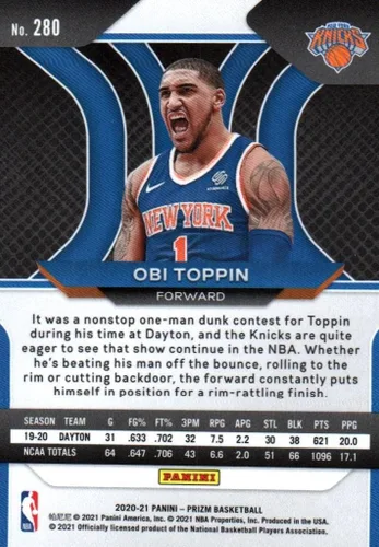 Vista 2 de Obi Toppin Panini Prizm Rookie Card Collectible Basketball Card - 2021 Panini Basketball Card #280 (Knicks) Free Shipping