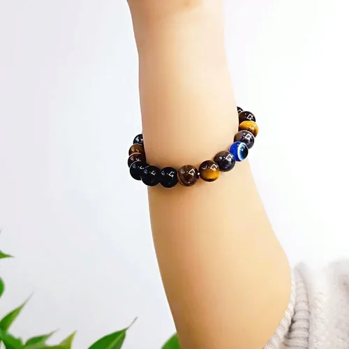 Vista 8 de Pulseras de triple protección con piedra de ojo de tigre de obsidiana negra con hematita para hombres y mujeres, pulsera de piedra curativa