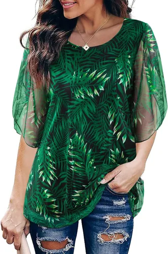 Vista 3 de SeSe Code Blusas de malla de manga 34, con volantes, para mujer, sueltas, holgadas y elásticas