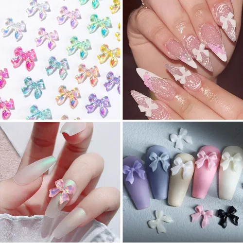Vista 4 de Abalorios de uñas de arco Aurora coloridos 3D, 2 cajas de 24 piezas cada una, resina acrílica, forma de lazo, diamantes de imitación para arte