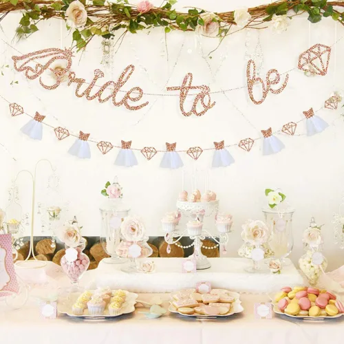 Vista 5 de pinkblume Cartel de oro rosa con la frase "Bride To Be", papel con purpurina de doble cara para vestido de boda, guirnalda de diamantes para novia