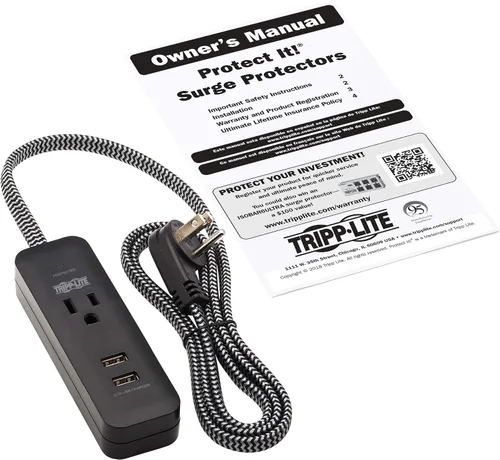 Vista 4 de Tripp Lite Protector de sobretensiones de 1 salida con 2 puertos USB (2.1A compartido) - Cable de 4 pies, enchufe 5-15P, 450 julios, negro