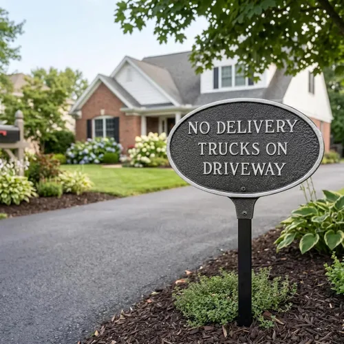 Vista 3 de Montague Metal Products - Placa ovalada con texto en inglés "No Delivery Trucks on Driveway" - Placa de visualización de pared o césped - Señal