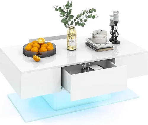 Vista 9 de Tangkula Mesa de centro LED con 2 cajones, mesa central moderna de alto brillo, luces LED regulables de 20 colores y control remoto, mesa auxiliar