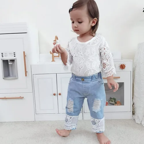 Vista 3 de Ropa de bebé para niña, conjunto de ropa de encaje, top+jeans