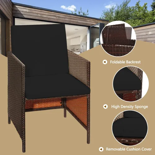 Vista 6 de HAPPYGRILL Juego de 9 piezas de comedor para patio al aire libre con asientos acolchados, mesa de comedor que ahorra espacio con mesa de madera
