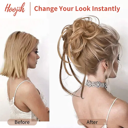 Vista 2 de HOOJIH Pieza de pelo desordenado de moño – Extensiones superlargas despeinadas, cola de caballo ondulada con banda elástica para mujeres y niñas