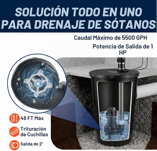 Vista 2 de HoldwellS Utility Sink Grinder Pump, 1HP, 5500 GPH, 48 ft H, 33 Gal Basin
