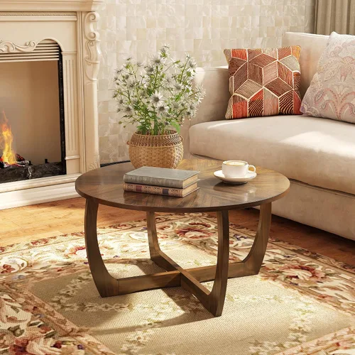 Vista 9 de PADMA HOUSE - Mesa auxiliar redonda de madera con patas curvas, mesa única de copo de nieve Brown Walnut Wood Tabletop & Legs, 23.6"D x 21.7"H