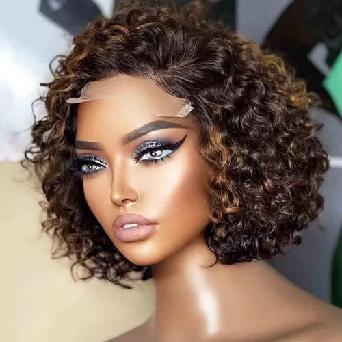 Vista 16 de Pelucas cortas de cabello humano rizado estilo Bob con reflejos, pelucas de encaje frontal HD de 13 x 4, pelucas de cabello brasileño con corte