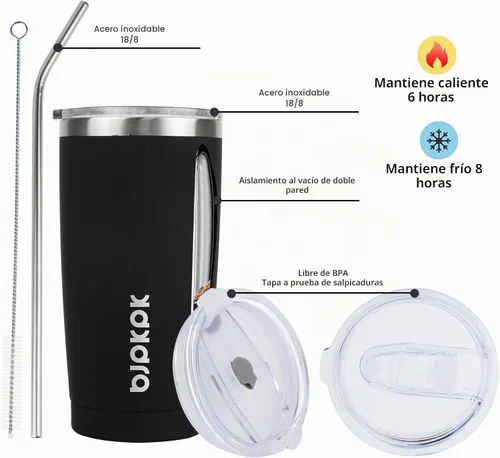 Vista 2 de BJPKPK Vaso térmico negro con tapa y pajita, de acero inoxidable, de 20 onzas, para café Pintura de caucho negro