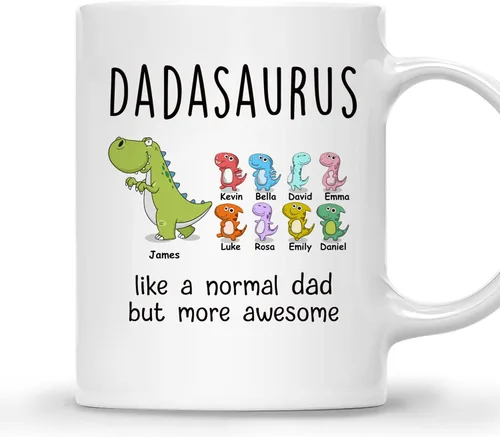 Vista 11 de Gossby Taza de Café Personalizada DADASAURUS – Regalo Personalizado para Papá de Niño, Hija, Hijo, Esposa Con Diseño, Nombres – Divertido Día
