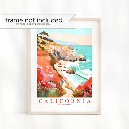 Vista 2 de ColorAndFlair California Travel Print Golden State Souvenir CA Nature Teal Orange Red Wall Art Coastal Landscape Retro Poster (8x10 inches)