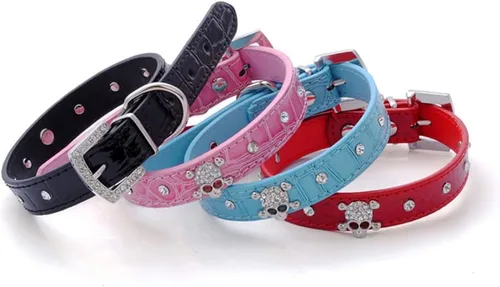 Vista 2 de Collar de piel con diamantes de imitación de cráneo y diamantes de imitación de piel para mascotas pequeñas para perros y gatos (XS, negro)