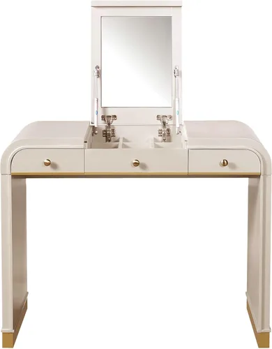 Vista 7 de RuiSiSi Escritorio de maquillaje de madera con espejo abatible, tocador con 2 cajones y espacio de almacenamiento, tocador de maquillaje 3 en 1