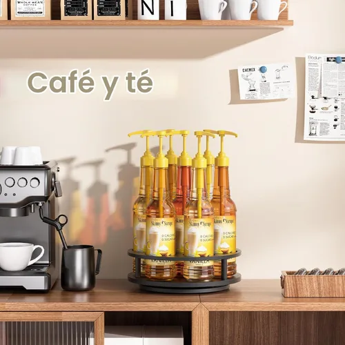Vista 7 de THYGIFTREE Organizador giratorio de jarabe de café con 7 botellas, soporte de botellas de jarabe de madera para mostrador, soporte para barra