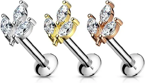 Vista 3 de Pierced Owl - 16GA Triple Crystal Marquise Acero Inoxidable Sin Rosca Push In Flat Back Labret Monroe Lip Stud