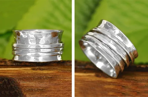 Vista 6 de Boho-Magic Anillo giratorio de plata de ley 925 para mujer, 3 anillos antiansiedad, banda ancha martillada