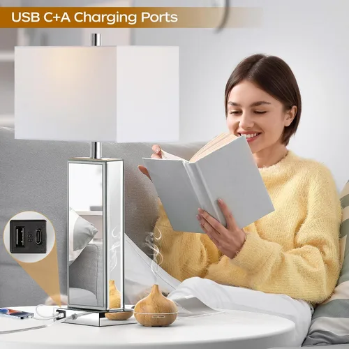 Vista 3 de Juego de 2 lámparas de mesa modernas con control táctil, lámpara de mesita de noche con espejo de diamante de cristal de plata con puertos USB C+A