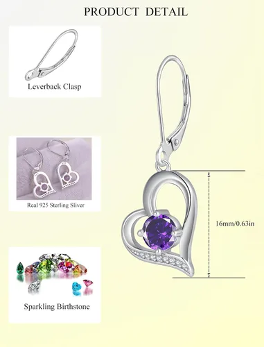 Vista 6 de Pendientes de corazón para mujer, plata de ley 925, aretes colgantes con forma de corazón y piedra natal redonda