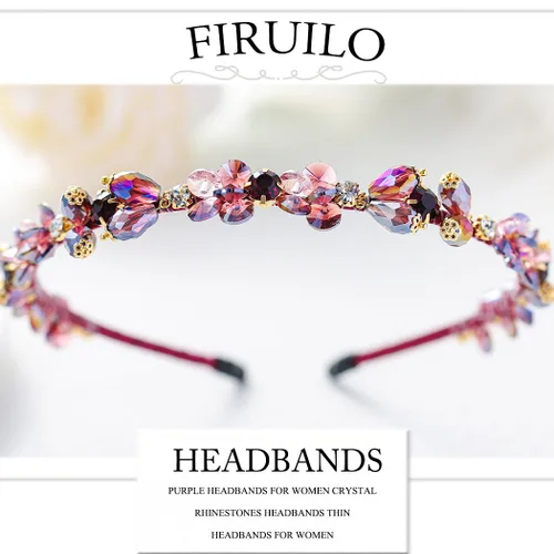 Vista 2 de Diademas barrocos de diamantes de imitación púrpura fina banda para el cabello con cuentas de cristal brillante para mujer (morado)