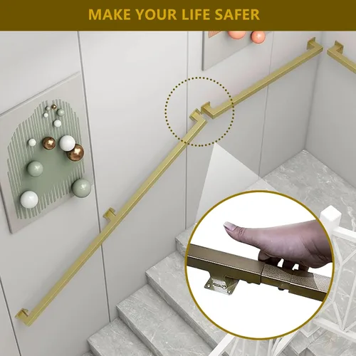 Vista 4 de Barandillas doradas para escaleras, barandillas modernas con soportes de hierro forjado y tornillos de metal, barra de seguridad para interiores