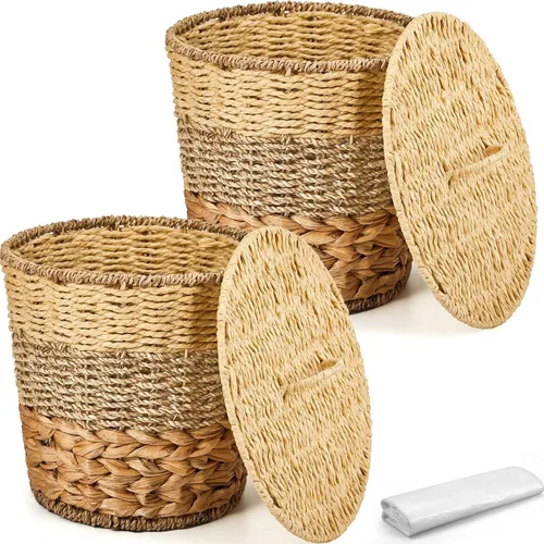 Vista 9 de Ctosree 2 Piezas Cestas de Basura de Mimbre Cesto de Residuos Tejido con Tapa Papelera de Baño Contenedor de Basura con 100 Bolsas de Basura
