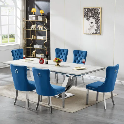 Vista 14 de Mesa de comedor blanca de 68 pulgadas para 4-6, mesa de cocina rectangular moderna con mesa de mármol sintético y base de acero inoxidable plateado