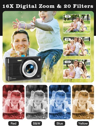 Vista 3 de Cámara digital mejorada, 56MP FHD 1080P para niños con zoom 16x anti-sacudida, tarjeta TF de 32GB, dos baterías, cordón, compacta pequeña para niños