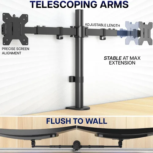 Vista 3 de VIVO Soporte de escritorio con LED LCD dual de 21 a 32 pulgadas, resistente, brazos telescópicos ajustables, configuración de pared empotrada, se