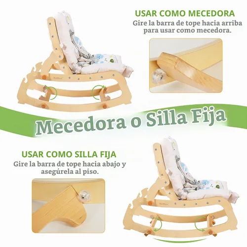 Vista 7 de MallBest Silla mecedora 3 en 1 para bebé con cojines dobles, para 0-12 meses, balancín de madera ajustable para bebés con cojín extraíble y arnés