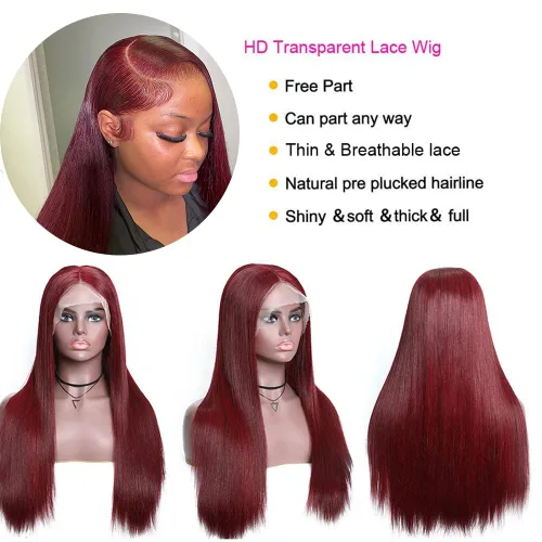 Vista 3 de Pelucas de cabello humano con encaje frontal color borgoña 99J de 13 x 4, pelucas de encaje frontal lacio prearrancado, pelucas de cabello humano