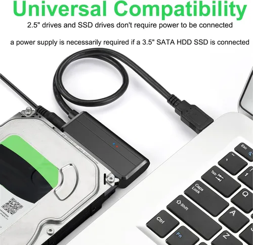 Vista 5 de Cable SATA a USB 3.0 a 2.5 Adaptador de disco duro de 3.5 pulgadas, convertidor externo para transferencia de datos SSD/HDD, con fuente