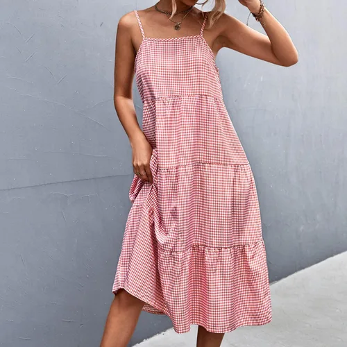 Vista 2 de Vestido largo de verano para mujer, sexy, sin mangas, sin espalda, tirantes delgados, vestido casual a cuadros con fruncido