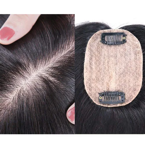 Vista 5 de Decoración de cabello humano real para mujer, base de seda, clip en la parte superior de las piezas de pelo para cubrir el cabello blanco, cinta