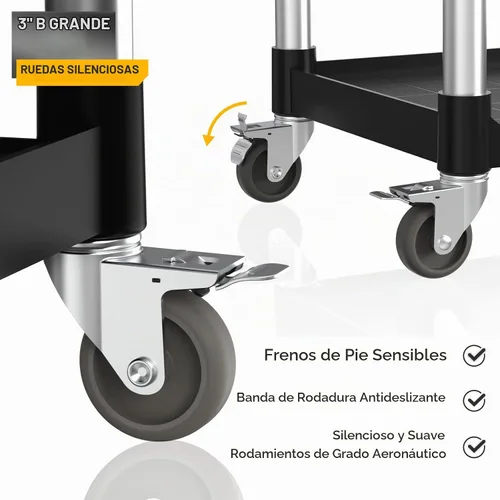 Vista 3 de TUFFIOM Carrito de servicio de plástico de 3 niveles con ruedas, resistente capacidad de 390 libras, rodante comercial, ideal para restaurantes