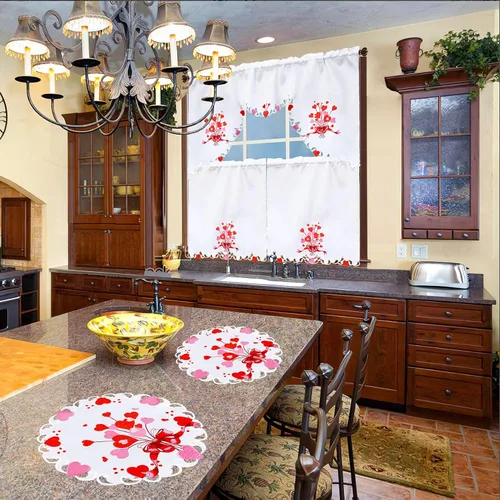 Vista 6 de Grelucgo Juego de cortinas bordadas para ventana de cocina (corazón)